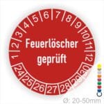 Prüfetiketten, Prüfaukleber rund, Farbe- Rot, Text auf Englisch "Feuerlöscher geprüft" in Weiß. Startjahr- 24, Monatszahlen Oben und Jahreszahlen Unten in Kreisform.