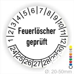 Prüfetiketten, Prüfaukleber rund, Farbe- Weiß, Text auf Englisch "Feuerlöscher geprüft" in Schwarz. Startjahr- 24, Monatszahlen Oben und Jahreszahlen Unten in Kreisform.