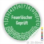 Prüfetiketten, Prüfaukleber rund, Farbe- Grün, Text auf Englisch "Feuerlöscher geprüft" in Weiß. Startjahr- 26, Monatszahlen Oben und Jahreszahlen Unten in Kreisform.