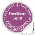 Prüfetiketten, Prüfaukleber rund, Farbe- Lila, Text auf Englisch "Feuerlöscher geprüft" in Weiß. Startjahr- 26, Monatszahlen Oben und Jahreszahlen Unten in Kreisform.