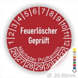 Prüfetiketten, Prüfaukleber rund, Farbe- Rot, Text auf Englisch "Feuerlöscher geprüft" in Weiß. Startjahr- 26, Monatszahlen Oben und Jahreszahlen Unten in Kreisform.