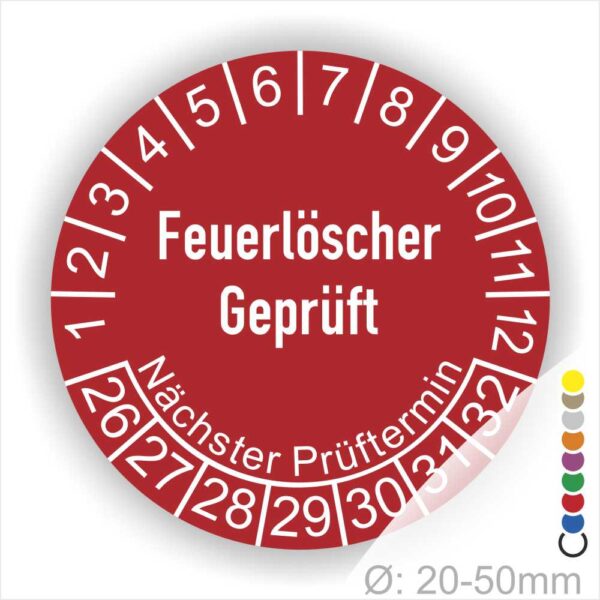 Prüfetiketten, Prüfaukleber rund, Farbe- Rot, Text auf Englisch "Feuerlöscher geprüft" in Weiß. Startjahr- 26, Monatszahlen Oben und Jahreszahlen Unten in Kreisform.