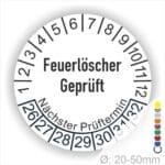 Prüfetiketten, Prüfaukleber rund, Farbe- Weiß, Text auf Englisch "Feuerlöscher geprüft" in Schwarz. Startjahr- 26, Monatszahlen Oben und Jahreszahlen Unten in Kreisform.