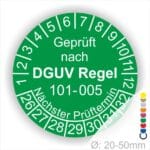 Prüfplakette, Serviceaukleber runde Form mit Text geprüft nach DGUV Regel 101-005 Nächster Prüftermin. Plaketten Farbe- Grün und Text in Weis. Monatszahlen oben und Jahreszahlen unten beginnend mit Startjahr- 26 zur Prüfung von Hochziehbare Personenaufnahmemittel