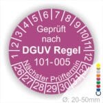 Prüfplaketten, Klebeetikett Prüfung DGUV Regel 101-005 Nächster Prüftermin. Plaketten Farbe- Lila und Text in Weis. Monatszahlen oben und Jahreszahlen unten beginnend mit Startjahr- 26 zur Prüfung von Hochziehbare Personenaufnahmemittel