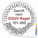 Prüfplakette, Wartungsticker runde Form mit Text geprüft nach DGUV Regel 101-005 Nächster Prüftermin. Plaketten Farbe- Weiss und Text in Schwarz und Rot. Monatszahlen oben und Jahreszahlen unten beginnend mit Startjahr- 26 zur Prüfung von Hochziehbare Personenaufnahmemittel