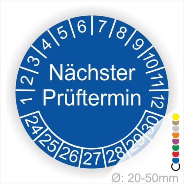 Prüfplakette mit Text Nächster Prüftermin Startjahr- 26, Monatszahlen Oben und Jahreszahlen Unten in Kreisform. Farbe Blau