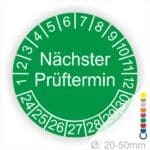 Prüfplaketten, Prüfetiketten rund, Farbe- Grün, Text "Nächster Prüftermin" in Weiß. Startjahr- 24, Monatszahlen Oben und Jahreszahlen Unten in Kreisform.