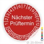 Prüfplaketten, Prüfetiketten rund, Farbe- Rot, Text "Nächster Prüftermin" in Weiß. Startjahr- 24, Monatszahlen Oben und Jahreszahlen Unten in Kreisform.