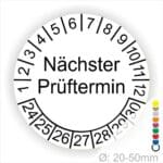 Prüfplaketten, Prüfaufkleber rund, Farbe- Weiß, Text "Nächster Prüftermin" in Schwarz. Startjahr- 24, Monatszahlen Oben und Jahreszahlen Unten in Kreisform.