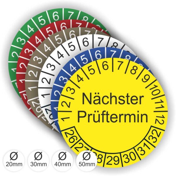 Prüfplaketten mit Text Nächster Prüftermin Startjahr- 26, Monatszahlen Oben und Jahreszahlen Unten in Kreisform.