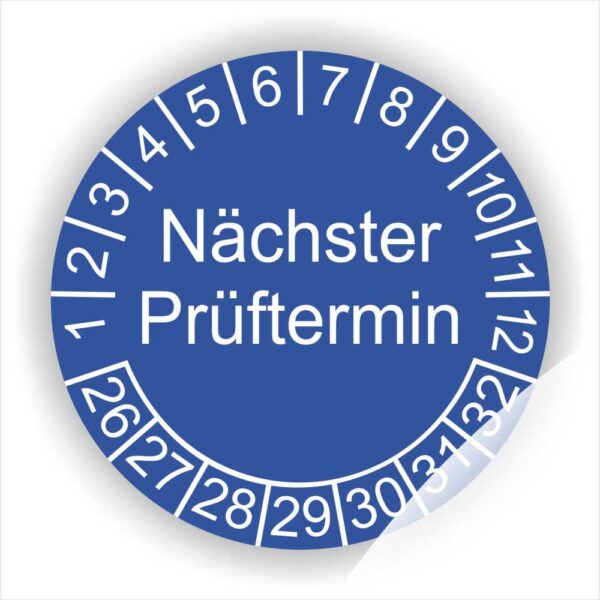 Prüfplakette mit Text Nächster Prüftermin Startjahr- 26, Monatszahlen Oben und Jahreszahlen Unten in Kreisform. Farbe Blau