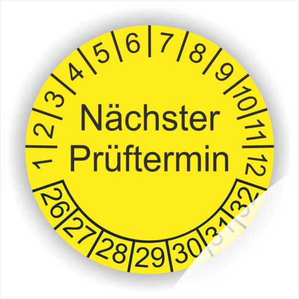 Wartungsaukleber, Prüfplakette mit Text Nächster Prüftermin Startjahr- 26, Monatszahlen Oben und Jahreszahlen Unten in Kreisform. Farbe Gelb