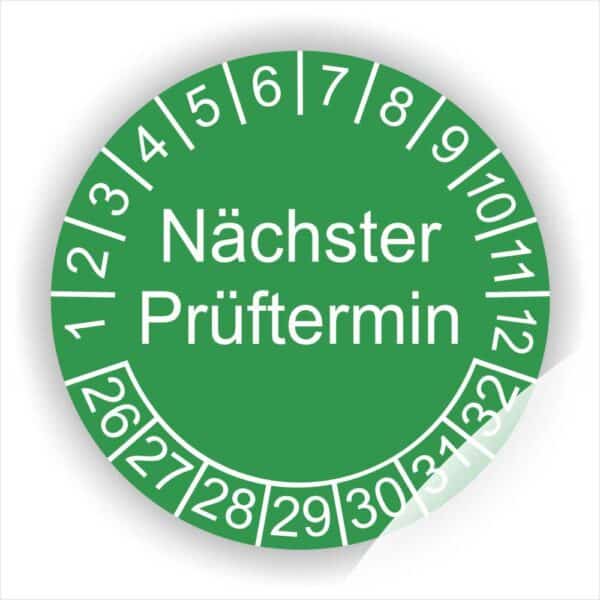 Prüfsiegel Prüfplakette mit Text Nächster Prüftermin Startjahr- 26, Monatszahlen Oben und Jahreszahlen Unten in Kreisform. Farbe Gruen