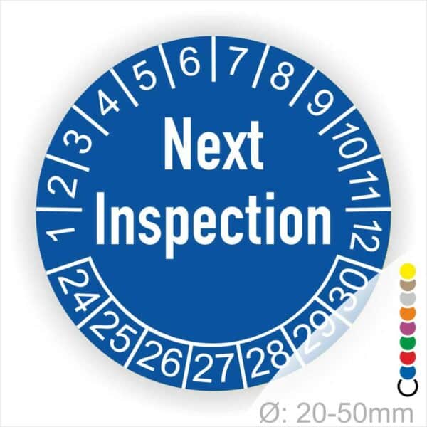 Prüfplaketten, Prüfetiketten rund, Farbe- Blau, Text auf Englisch "Next Inspection" in Weiß. Startjahr- 24, Monatszahlen Oben und Jahreszahlen Unten in Kreisform.