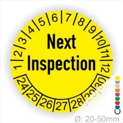 Prüfplaketten, Prüfetiketten rund, Farbe- Gelb, Text auf Englisch "Next Inspection" in Schwarz. Startjahr- 24, Monatszahlen Oben und Jahreszahlen Unten in Kreisform.