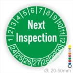 Prüfplaketten, Prüfetiketten rund, Farbe- Grün, Text auf Englisch "Next Inspection" in Weiß. Startjahr- 24, Monatszahlen Oben und Jahreszahlen Unten in Kreisform.