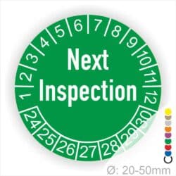 Prüfplaketten, Prüfetiketten rund, Farbe- Grün, Text auf Englisch "Next Inspection" in Weiß. Startjahr- 24, Monatszahlen Oben und Jahreszahlen Unten in Kreisform.