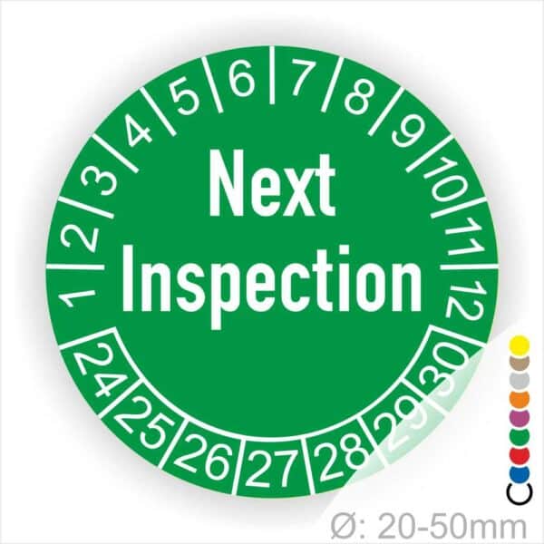 Prüfplaketten, Prüfetiketten rund, Farbe- Grün, Text auf Englisch "Next Inspection" in Weiß. Startjahr- 24, Monatszahlen Oben und Jahreszahlen Unten in Kreisform.