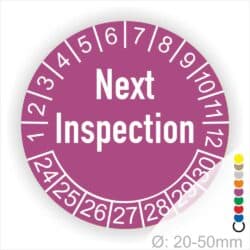 Prüfplaketten, Prüfetiketten rund, Farbe- Lila, Text auf Englisch "Next Inspection" in Weiß. Startjahr- 24, Monatszahlen Oben und Jahreszahlen Unten in Kreisform.