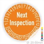 Prüfplaketten, Prüfetiketten rund, Farbe- Orange, Text auf Englisch "Next Inspection" in Weiß. Startjahr- 24, Monatszahlen Oben und Jahreszahlen Unten in Kreisform.