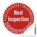 Prüfplaketten, Prüfetiketten rund, Farbe- Rot, Text auf Englisch "Next Inspection" in Weiß. Startjahr- 24, Monatszahlen Oben und Jahreszahlen Unten in Kreisform.