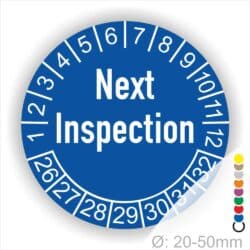Prüfplaketten, Prüfetiketten rund, Farbe- Blau, Text auf Englisch "Next Inspection" in Weiß. Startjahr- 26, Monatszahlen Oben und Jahreszahlen Unten in Kreisform.