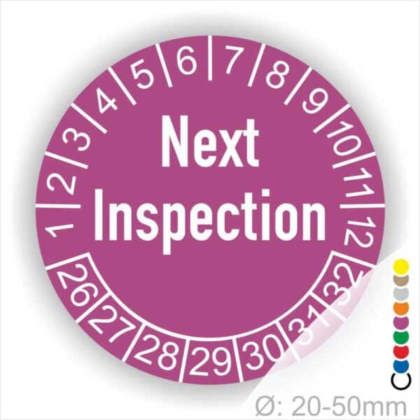 Prüfplaketten, Prüfetiketten rund, Farbe- Lila, Text auf Englisch "Next Inspection" in Weiß. Startjahr- 26, Monatszahlen Oben und Jahreszahlen Unten in Kreisform.