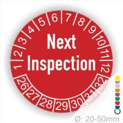 Prüfplaketten, Prüfetiketten rund, Farbe- Rot, Text auf Englisch "Next Inspection" in Weiß. Startjahr- 26, Monatszahlen Oben und Jahreszahlen Unten in Kreisform.