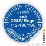 Prüfaufkleber DGUV Regel 112-198-199 Prüfplakette rund mit Text geprüft nach DGUV Regel 112-198-199 Prüftermin. Plaketten Farbe- Blau und Text in Weiß. Monatszahlen oben und Jahreszahlen unten beginnend mit Startjahr- 26 zur Prüfung von Schutzausrüstung