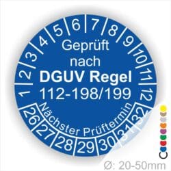 Prüfaufkleber DGUV Regel 112-198-199 Prüfplakette rund mit Text geprüft nach DGUV Regel 112-198-199 Prüftermin. Plaketten Farbe- Blau und Text in Weiß. Monatszahlen oben und Jahreszahlen unten beginnend mit Startjahr- 26 zur Prüfung von Schutzausrüstung