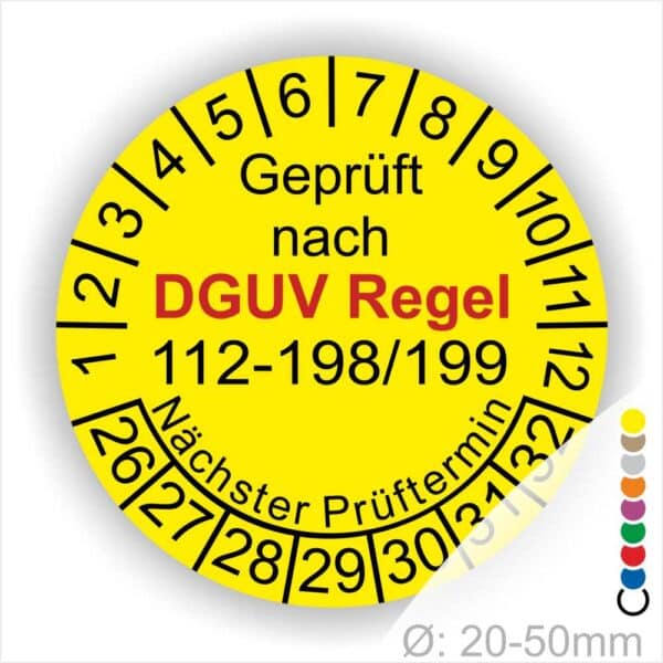 Prüfaufkleber DGUV Regel 112-198-199 Prüfplakette rund mit Text geprüft nach DGUV Regel 112-198-199 Prüftermin. Plaketten Farbe- Gelb und Text in Schwarz. Monatszahlen oben und Jahreszahlen unten beginnend mit Startjahr- 26 zur Prüfung von Schutzausrüstung