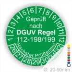 Serviceplakette DGUV Regel 112-198-199 Prüfplakette rund mit Text geprüft nach DGUV Regel 112-198-199 Prüftermin. Plaketten Farbe- Grün und Text in Weiß. Monatszahlen oben und Jahreszahlen unten beginnend mit Startjahr- 26 zur Prüfung von Schutzausrüstung