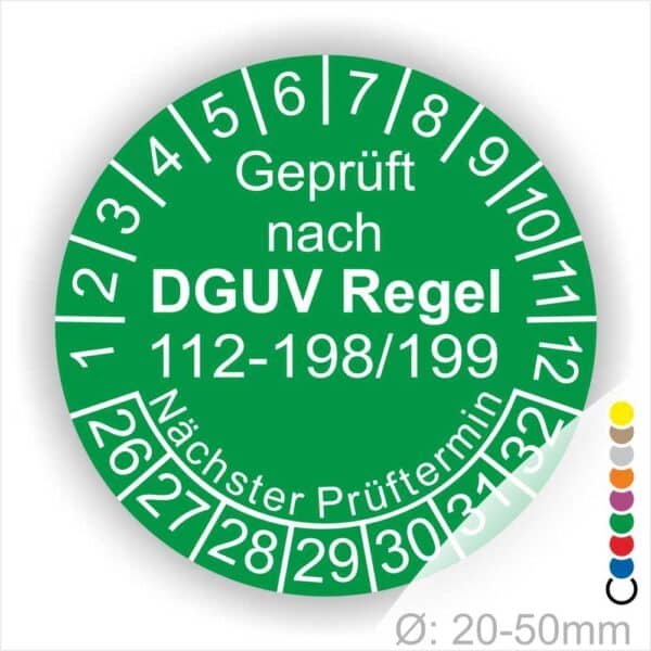 Serviceplakette DGUV Regel 112-198-199 Prüfplakette rund mit Text geprüft nach DGUV Regel 112-198-199 Prüftermin. Plaketten Farbe- Grün und Text in Weiß. Monatszahlen oben und Jahreszahlen unten beginnend mit Startjahr- 26 zur Prüfung von Schutzausrüstung