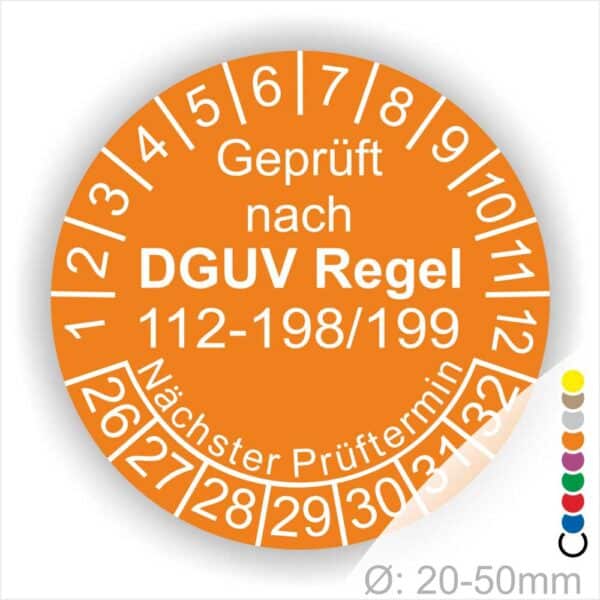 Wartungsplakette DGUV Regel 112-198-199 Prüfplakette rund mit Text geprüft nach DGUV Regel 112-198-199 Prüftermin. Plaketten Farbe- Orange und Text in Weiß. Monatszahlen oben und Jahreszahlen unten beginnend mit Startjahr- 26 zur Prüfung von Schutzausrüstung