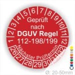 Wartungssiegel DGUV Regel 112-198-199 Prüfplakette rund mit Text geprüft nach DGUV Regel 112-198-199 Prüftermin. Plaketten Farbe- Rot und Text in Weiß. Monatszahlen oben und Jahreszahlen unten beginnend mit Startjahr- 26 zur Prüfung von Schutzausrüstung