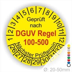 Prüfplakette, Wartungsplakette rund mit Text geprüft nach DGUV Regel 100-500 Nächster Prüftermin. Plaketten Farbe- Gelb und Text in Schwarz. Monatszahlen oben und Jahreszahlen unten beginnend mit Startjahr- 26 für Prüfung zum Betreiben von Arbeitsmitteln