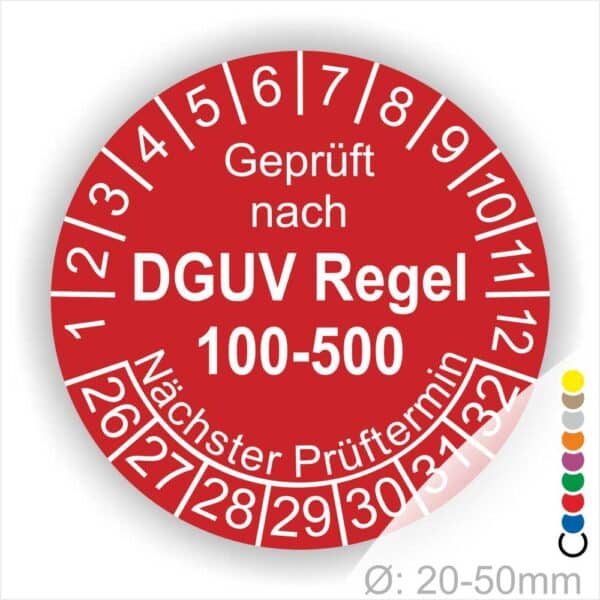 Prüfplakette rund mit Text geprüft nach DGUV Regel 100-500 Nächster Prüftermin. Plaketten Farbe- Rot und Text in Weiß. Monatszahlen oben und Jahreszahlen unten beginnend mit Startjahr- 26. Durchmesser 20-50mm frei wählbar.