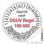 Prüfplakette rund mit Text geprüft nach DGUV Regel 100-500 Nächster Prüftermin. Plaketten Farbe- Weiß und Text in Schwarz. Monatszahlen oben und Jahreszahlen unten beginnend mit Startjahr- 26. Durchmesser 20-50mm frei wählbar.