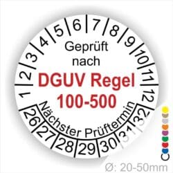 Prüfplakette rund mit Text geprüft nach DGUV Regel 100-500 Nächster Prüftermin. Plaketten Farbe- Weiß und Text in Schwarz. Monatszahlen oben und Jahreszahlen unten beginnend mit Startjahr- 26. Durchmesser 20-50mm frei wählbar.