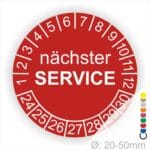 Prüfplaketten, Prüfetiketten rund, Farbe- Rot, Text "nächster SERVICE" in Weiß. Startjahr- 24, Monatszahlen Oben und Jahreszahlen Unten in Kreisform.