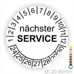 Prüfplaketten, Prüfetiketten rund, Farbe- Weiß, Text "nächster SERVICE" in Schwarz. Startjahr- 24, Monatszahlen Oben und Jahreszahlen Unten in Kreisform.