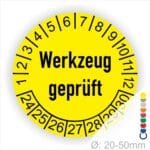 Prüfetiketten, Prüfaukleber rund, Farbe- Gelb, Text "Werkzeug geprüft" in Schwarz. Startjahr- 24, Monatszahlen Oben und Jahreszahlen Unten in Kreisform.