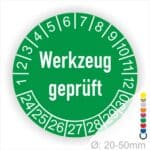 Prüfetiketten, Prüfaukleber rund, Farbe- Grün, "Werkzeug geprüft" in Weiß. Startjahr- 24, Monatszahlen Oben und Jahreszahlen Unten in Kreisform.