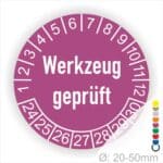 Prüfetiketten, Prüfaukleber rund, Farbe- Lila, "Werkzeug geprüft" in Weiß. Startjahr- 24, Monatszahlen Oben und Jahreszahlen Unten in Kreisform.