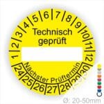 Prüfetiketten, Prüfaufkleber rund, Farbe- Weiß, Text "Technisch geprüft" in Gelb. Als nächstes kommt ein Beschriftungfeld / Leerfeld in Farbe Schwarz. Startjahr- 24, Monatszahlen Oben und Jahreszahlen Unten in Kreisform. über den Jahreszahlen Text "Nächster Prüftermin"