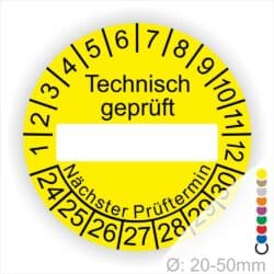 Prüfetiketten, Prüfaufkleber rund, Farbe- Weiß, Text "Technisch geprüft" in Gelb. Als nächstes kommt ein Beschriftungfeld / Leerfeld in Farbe Schwarz. Startjahr- 24, Monatszahlen Oben und Jahreszahlen Unten in Kreisform. über den Jahreszahlen Text "Nächster Prüftermin"