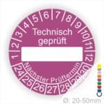 Prüfetiketten rund, Farbe- Lila, Text "Technisch geprüft" in Weiß. Als nächstes kommt ein Beschriftungfeld / Leerfeld in Farbe Weiß. Startjahr- 24, Monatszahlen Oben und Jahreszahlen Unten in Kreisform. über den Jahreszahlen Text "Nächster Prüftermin"