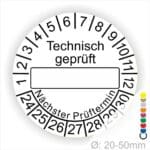 Prüfetiketten rund, Farbe- Weiß, Text "Technisch geprüft" in Weiß. Als nächstes kommt ein Beschriftungfeld / Leerfeld in Farbe Schwarz. Startjahr- 24, Monatszahlen Oben und Jahreszahlen Unten in Kreisform. über den Jahreszahlen Text "Nächster Prüftermin"