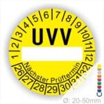 Prüfplaketten, rund, Farbe- Gelb, Text "UVV Nächster Prüftermin" in Schwarz. Als nächste kommt ein Beschriftungfeld / Leerfeld. Startjahr- 26, Monatszahlen Oben und Jahreszahlen Unten in Kreisform. über den Jahreszahlen Text "Nächster Prüftermin" Die Prüfplakette wird verwendet zur Prüfung von Anlagen & Maschinen